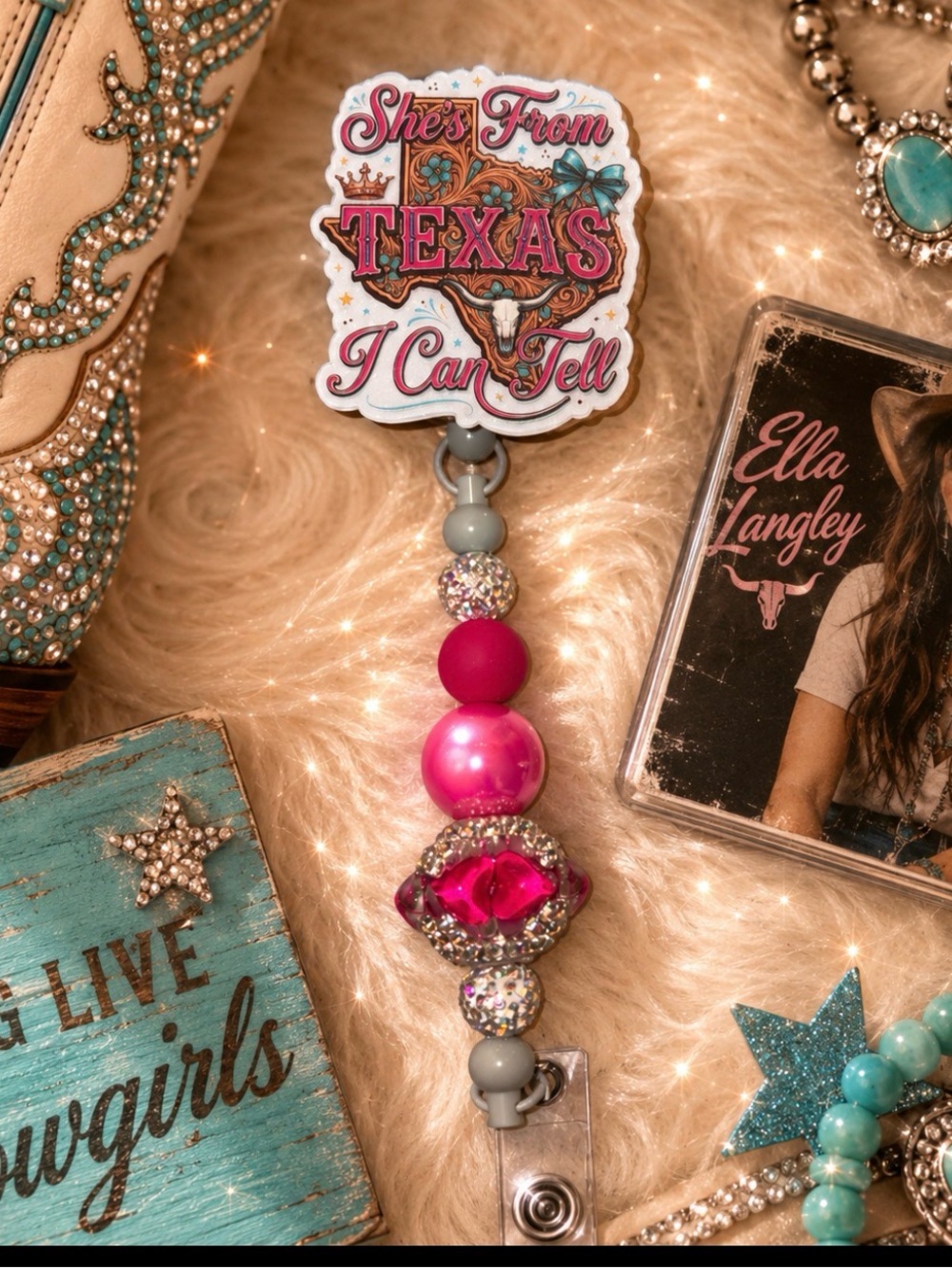 She's From Texas Badge Reel with Pink Beaded Lanyard -